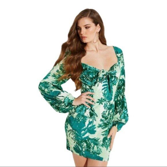NEW Guess x Jennifer Lopez Green Stretchy Junglescape Mini Dress Extra Small - Picture 1 of 16